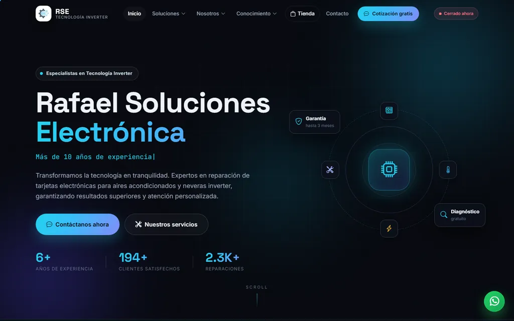 Portada de la plataforma de Rafael Soluciones Electrónica, con las cifras de experiencia y reparaciones