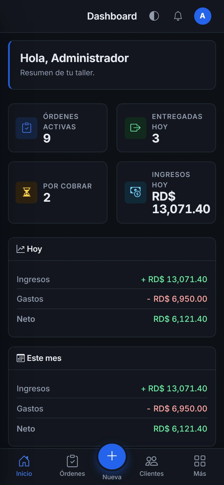 Servia instalada en un celular: resumen del día con barra de navegación inferior