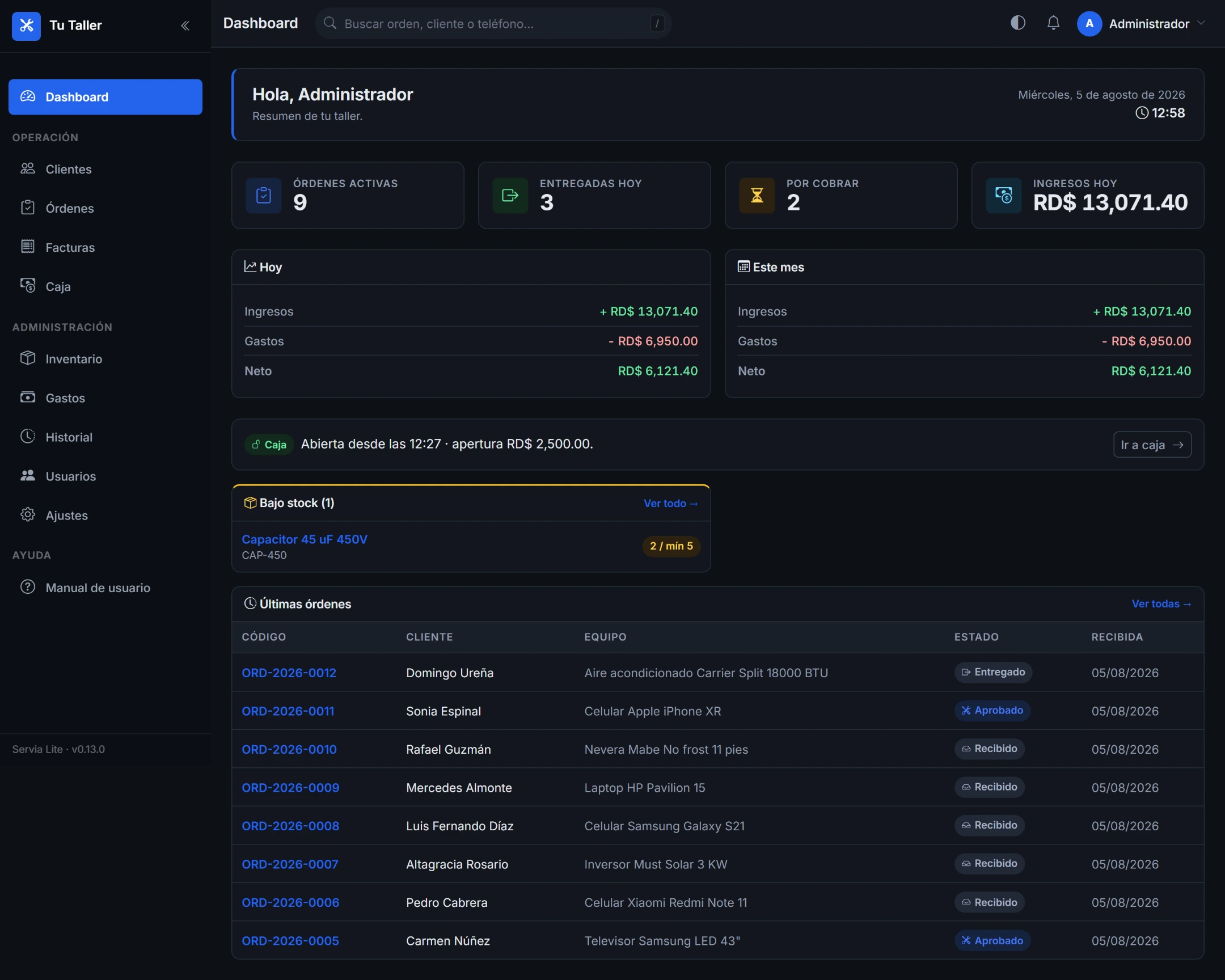 Dashboard de Servia con órdenes activas, ingresos del día, estado de caja y últimas órdenes