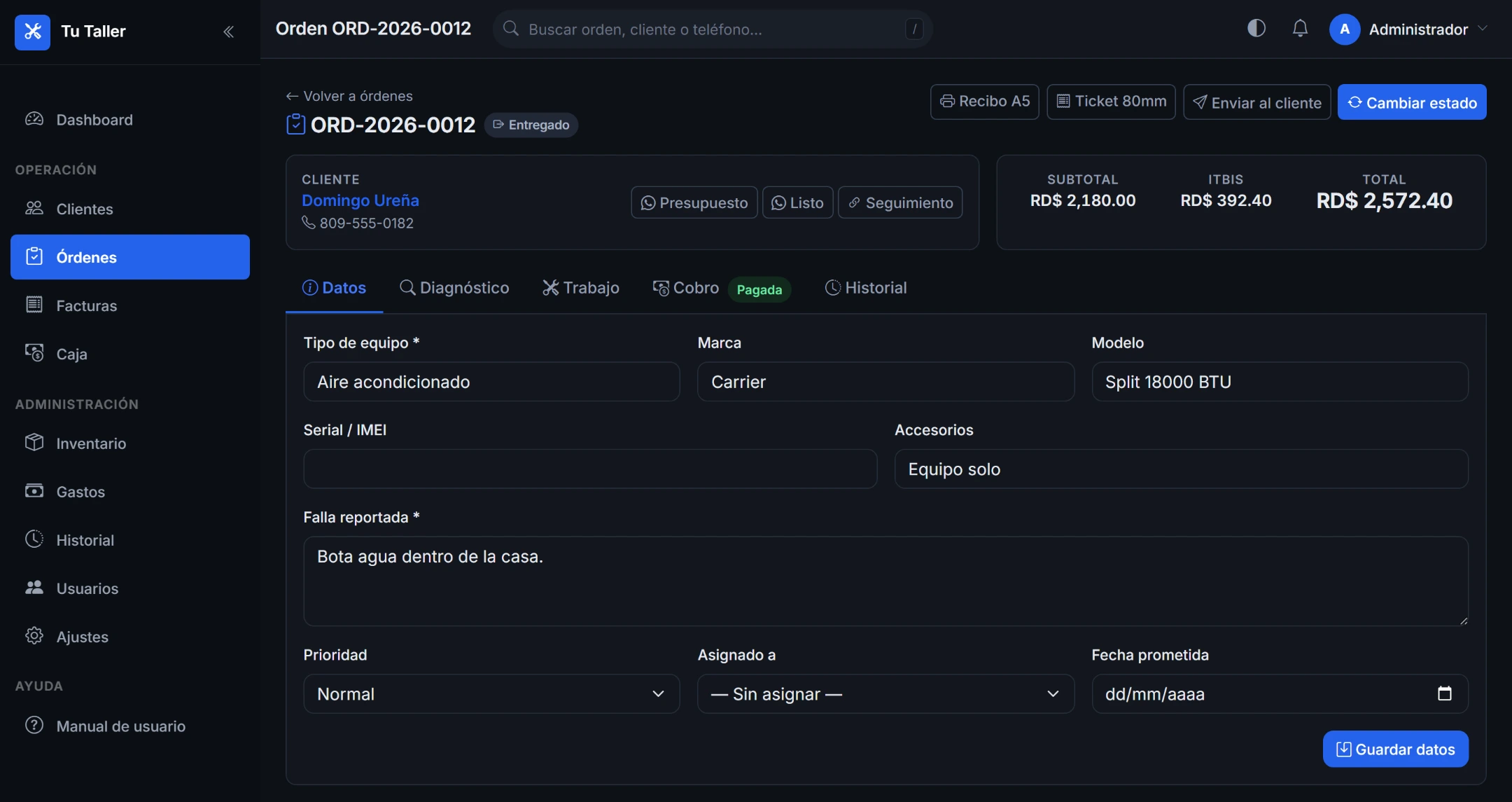 Ficha de una orden con pestañas de datos, diagnóstico, trabajo, cobro e historial