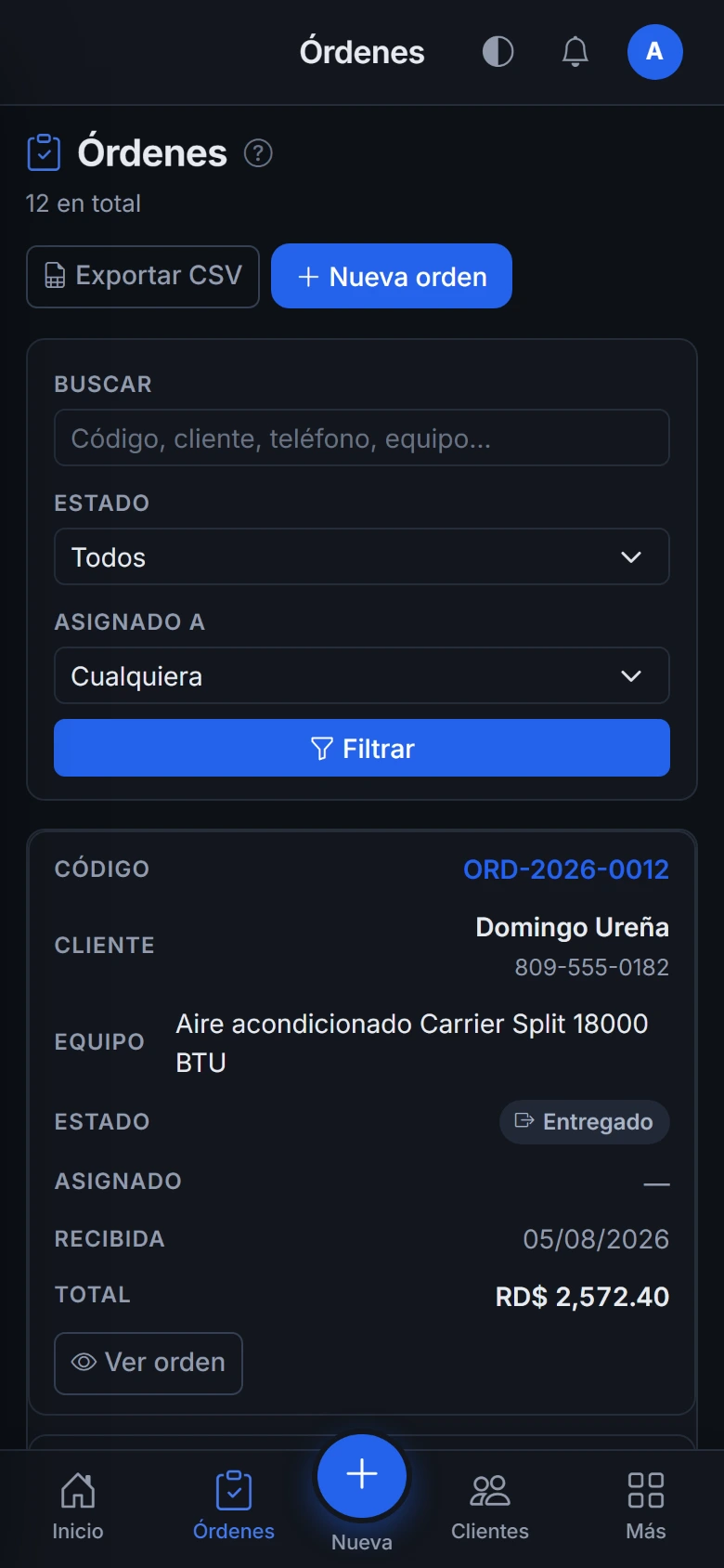 Listado de órdenes en el celular, con cada orden en su tarjeta